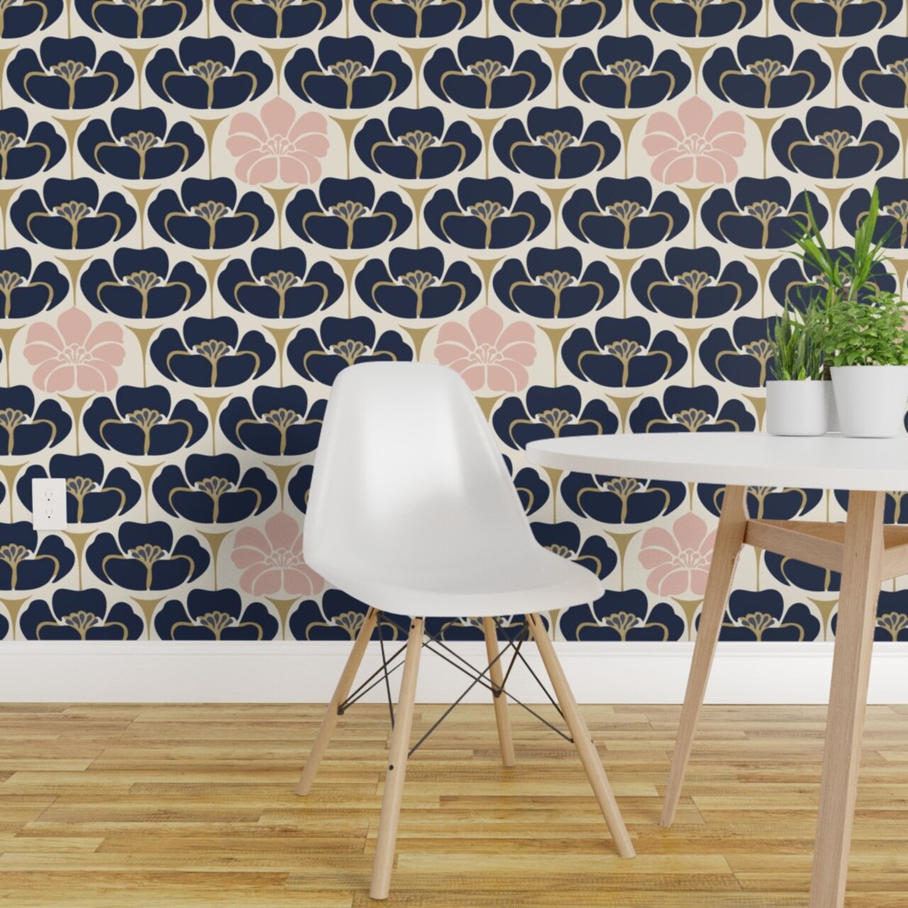 Peel & Stick Wallpaper 2FT Wide Flowers Art Deco 1920S Floral Navy Indigo Gold Blue Dress Fashion Pink Cream Custom Removable Wallpaper by Spoonflower